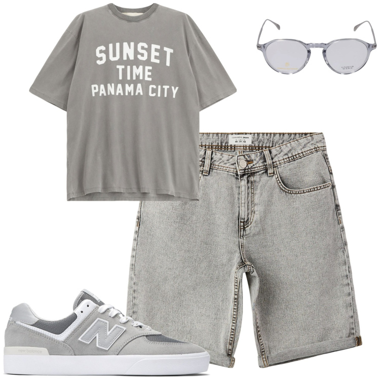 Outfit uomo - Summertime. Stile Casual per Tutti i giorni. Abbinamento con bermuda, sneakers, t-shirt, occhiali da sole.