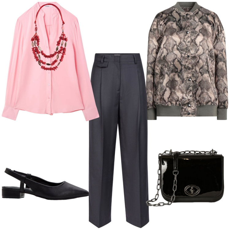 Outfit donna - Riunione di lavoro. per Ufficio. Abbinamento con décolleté, blazer, camicie, pantaloni, borse a tracolla, collane.