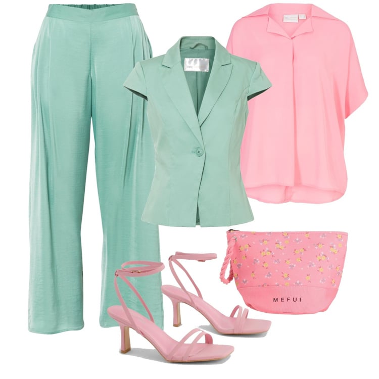 Outfit femme - Bubblegum. Style Casual chic pour Tous les jours. Assortir avec pantalon large en bas, blazers, tuniques, sacs à main, sandales à talon.