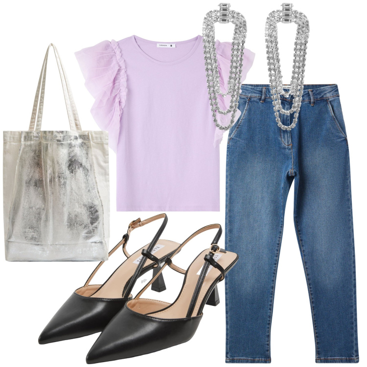 Outfit donna - Terranova sporty chic. Stile Sporty chic per Serata fuori. Abbinamento con jeans skinny, t-shirt, sabot, orecchini, shopping bag.