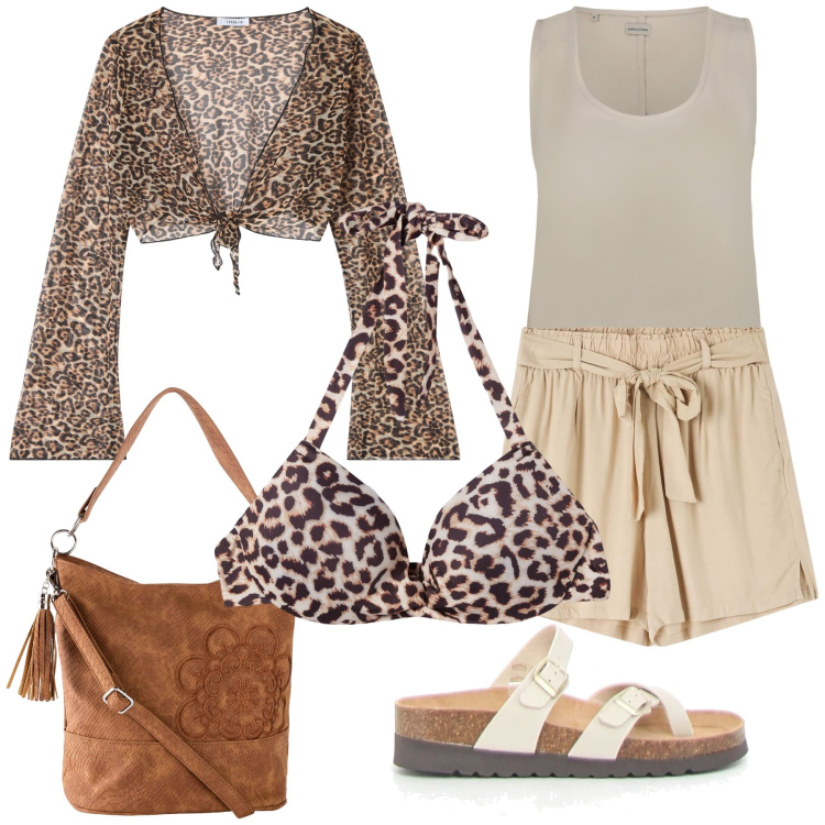 Outfit donna - Un ruggito al mare. Stile Trendy per Mare. Abbinamento con borse a mano, shorts, bolero, bikini, top, ciabatte.