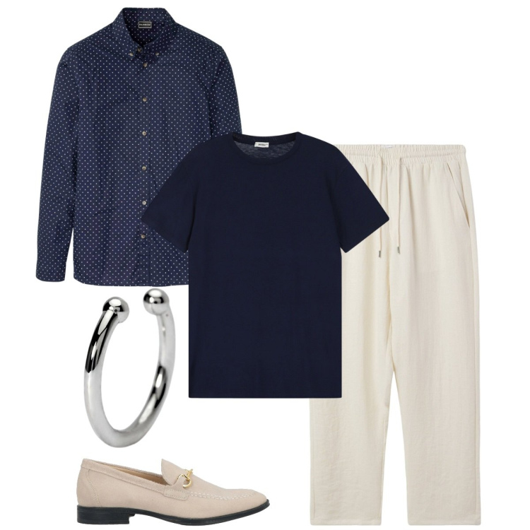 Outfit uomo - Look da terrazza serale. Stile Urban per Serata speciale. Abbinamento con camicie, scarpe stringate, pantaloni, orecchini, t-shirt.
