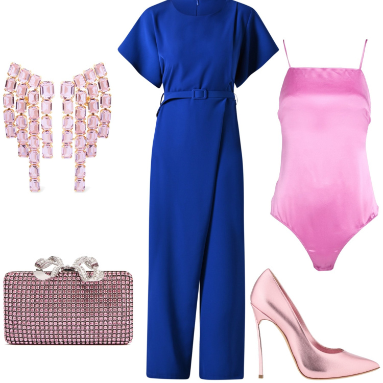 Outfit donna - Blu inchiostro e rosa che chic. Stile Glamour per Cerimonia. Abbinamento con body, décolleté, tute, pochette, orecchini.