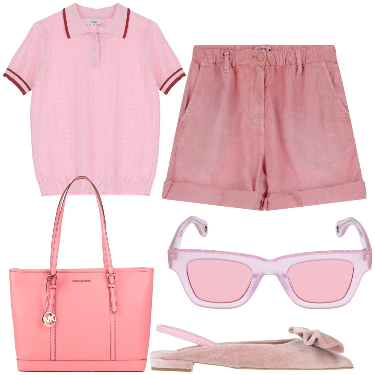 Outfit donna - Pink on pink. Stile Bon Ton per Tutti i giorni. Abbinamento con ballerine, borse a spalla, shorts, maglieria, occhiali da sole.