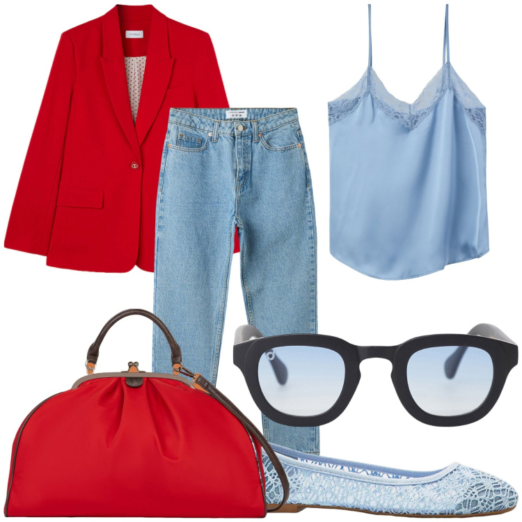 Outfit donna - Domenica. Stile Urban per Tutti i giorni. Abbinamento con ballerine, jeans mom, top, occhiali da sole, blazer, borse a spalla.