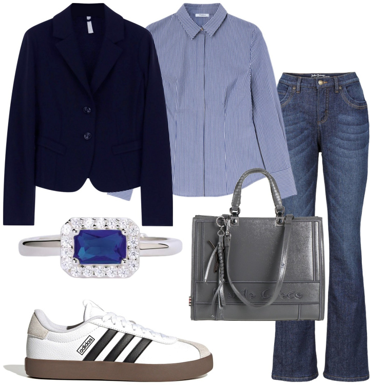 Outfit donna - Look metropolitano. Stile Casual per Tutti i giorni. Abbinamento con jeans bootcut, borse a mano, anelli, blazer, sneakers, camicie.