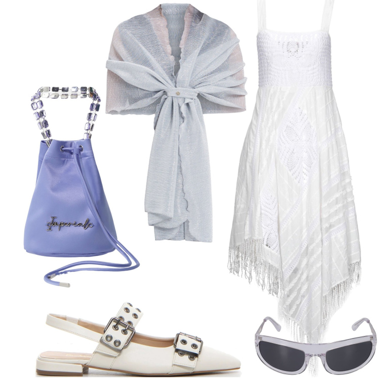 Outfit donna - Cerimonia in scarpe rasoterra. Stile Trendy per Cerimonia. Abbinamento con vestiti asimmetrici, stole, borse a secchiello, décolleté, occhiali da sole.