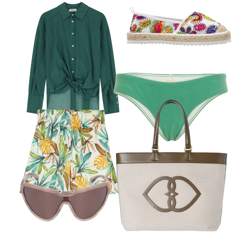 Outfit donna - Domenica di mare. Stile Trendy per Mare. Abbinamento con espadrillas, pantaloni corti, camicie, occhiali da sole, shopping bag, bikini.