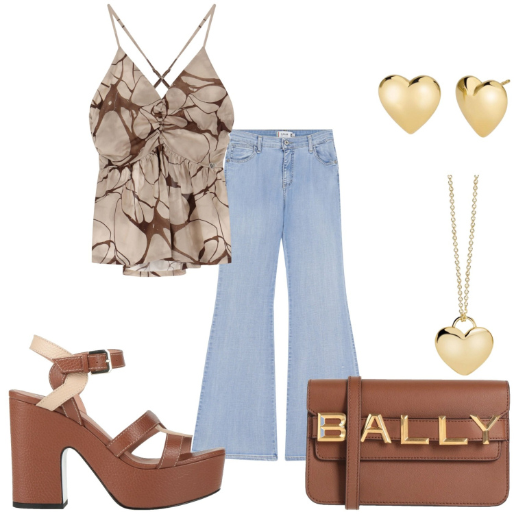 Outfit donna - Jeans con il top fantasia. Stile Glamour per Tutti i giorni. Abbinamento con sandali in pelle, borse a tracolla, orecchini, collane, canottiere, jeans a zampa.