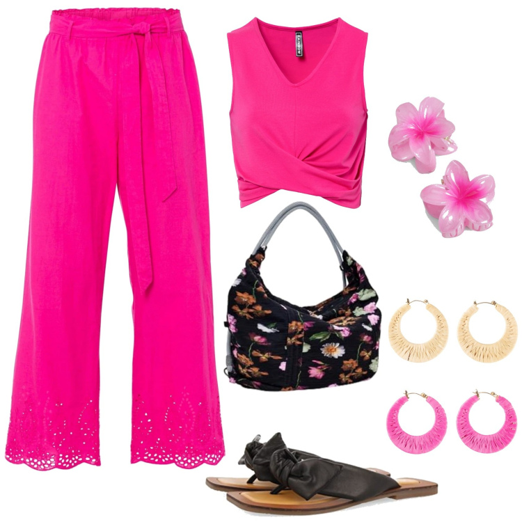 Outfit femme - Ensemble fushia. Style Casual pour Tous les jours. Assortir avec jupe-culotte, t-shirts, boucles d'oreilles, sandales, sac cabas, accessoires pour cheveux.