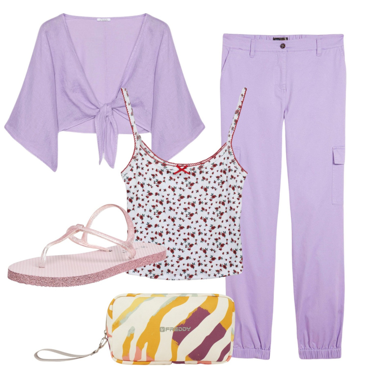 Outfit donna - Total look #2165477. Stile Casual per Tutti i giorni. Abbinamento con pantaloni cargo, sandali, canottiere, valigie, bolero.
