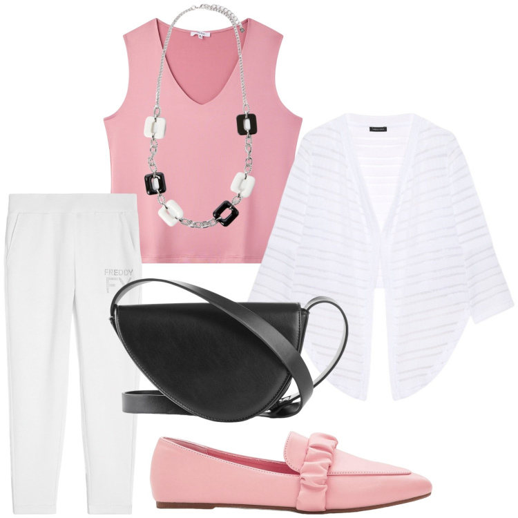 Outfit donna - Domenica pomeriggio. Stile Minimal per Tutti i giorni. Abbinamento con mocassini, borse a tracolla, top, pantaloni, bolero, collane.