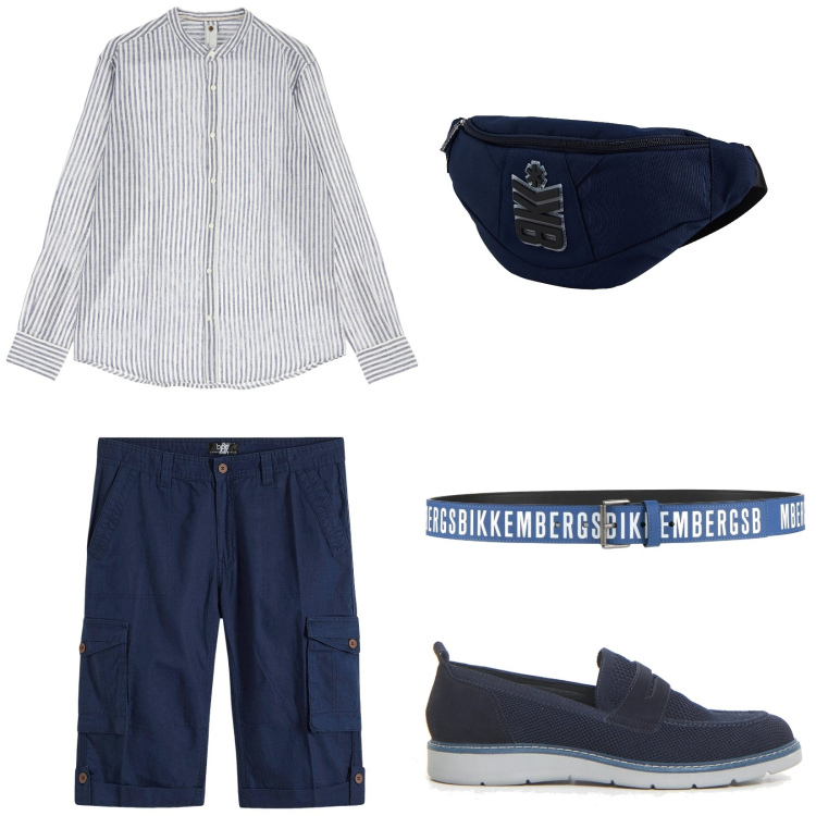 Outfit uomo - Look da sera informale. Stile Casual per Serata speciale. Abbinamento con bermuda, borse sportive, cinture, camicie, scarpe stringate.