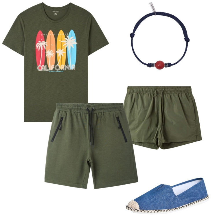 Outfit uomo - Al mare!. Stile Casual per Mare. Abbinamento con t-shirt, bermuda, espadrillas, costumi, braccialetti.