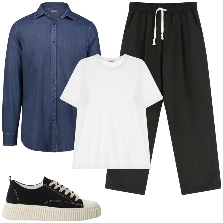Outfit uomo - Colazione al bar. Stile Casual per Tutti i giorni. Abbinamento con sneakers, t-shirt, pantaloni, camicie.