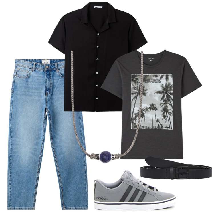 Outfit uomo - Total look #2165511. Stile Casual per Tutti i giorni. Abbinamento con t-shirt, camicie a manica corta, jeans, cinture, collane, sneakers.