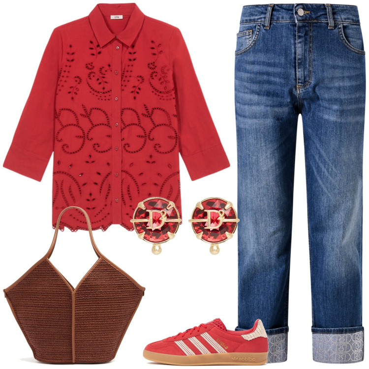 Outfit donna - Chic in rosso e jeans. Stile Casual chic per Tutti i giorni. Abbinamento con orecchini, jeans dritti, camicie, shopping bag, sneakers.