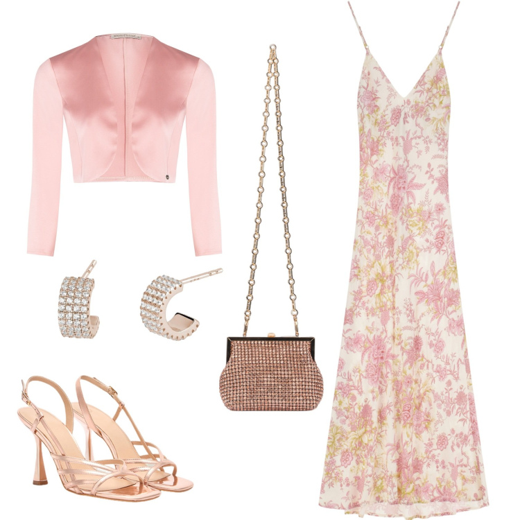 Outfit donna - Il matrimonio di Elena. Stile Chic per Cerimonia. Abbinamento con vestiti lunghi, orecchini, bolero, sandali col tacco, clutch.