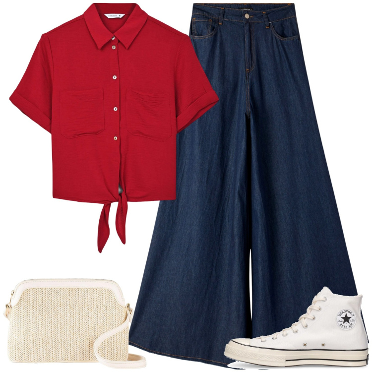 Outfit donna - Pantapalazzo in jeans. Stile Casual per Tutti i giorni. Abbinamento con borse a tracolla, camicie a manica corta, jeans, sneakers.