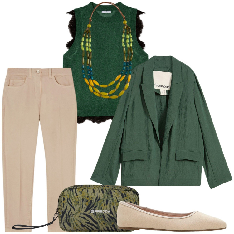 Outfit donna - Il verde bosco conquista. Stile Casual chic per Tutti i giorni. Abbinamento con blazer, ballerine, valigie, collane, pantaloni, top.