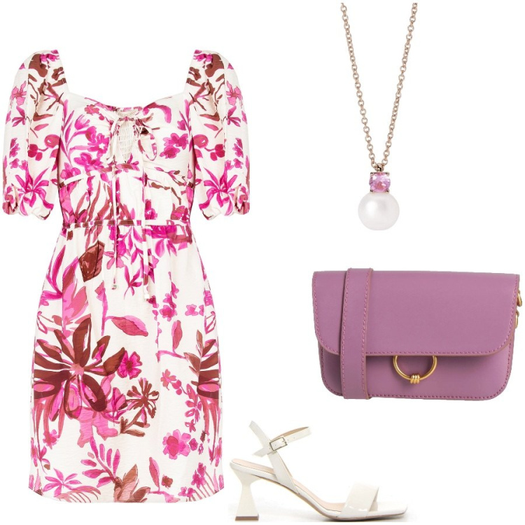 Outfit donna - Flowers. Stile Romantica per Tutti i giorni. Abbinamento con borse a tracolla, vestiti corti, collane, sandali col tacco.