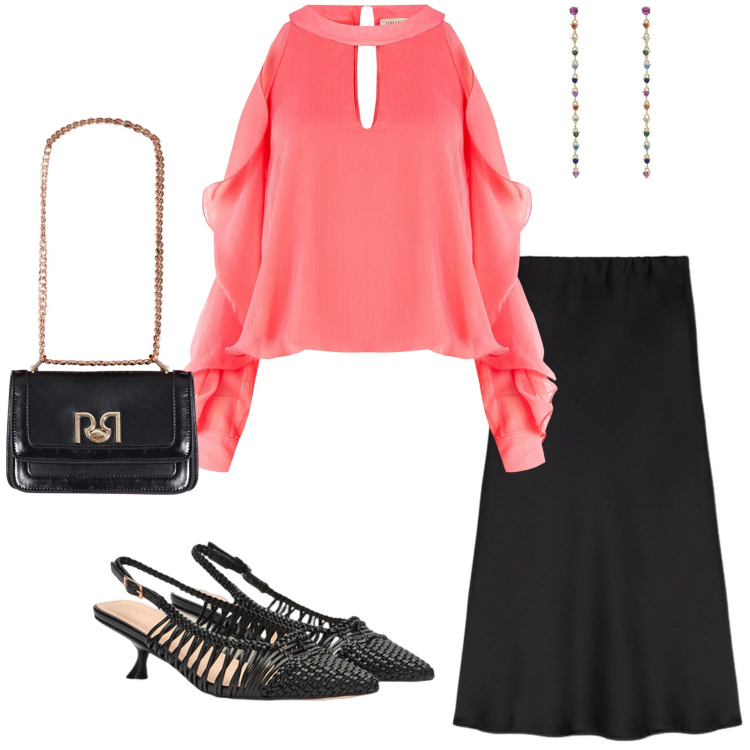 Outfit donna - Rouches strategiche. Stile Chic per Cerimonia. Abbinamento con orecchini, bluse, borse a tracolla, décolleté, gonne longuette.