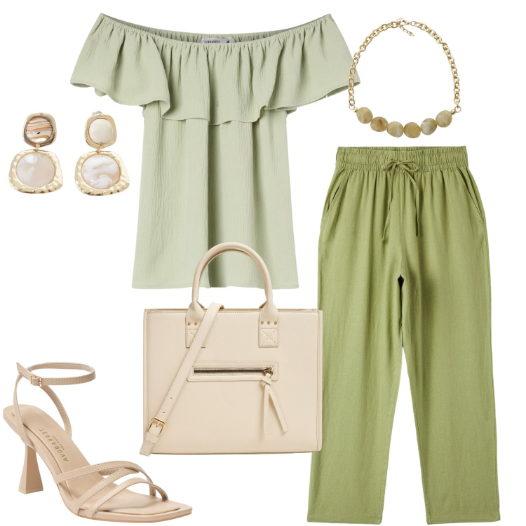 Outfit donna - Rouches strategiche. Stile Casual per Tutti i giorni. Abbinamento con bluse, pantaloni, sandali col tacco, shopping bag, collane, orecchini.