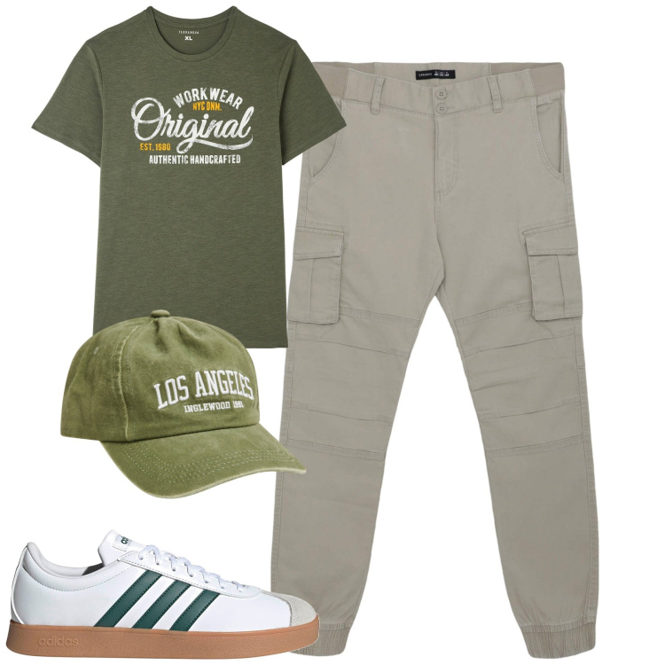 Outfit uomo - City. Stile Casual per Tutti i giorni. Abbinamento con t-shirt, cappelli, pantaloni cargo, sneakers.