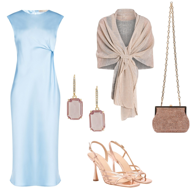 Outfit donna - Cerimonia e colori tenui. Stile Romantica per Cerimonia. Abbinamento con stole, vestiti midi/longuette, orecchini, clutch, sandali col tacco.