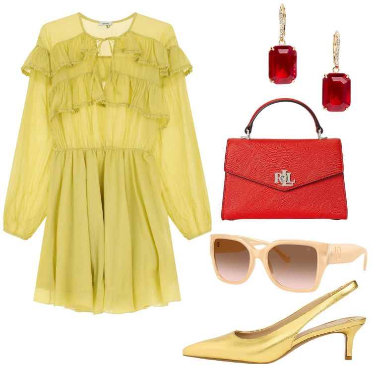 Outfit donna - Cerimonia colorata. Stile Trendy per Cerimonia. Abbinamento con vestiti corti, occhiali da sole, borse a mano, décolleté, orecchini.