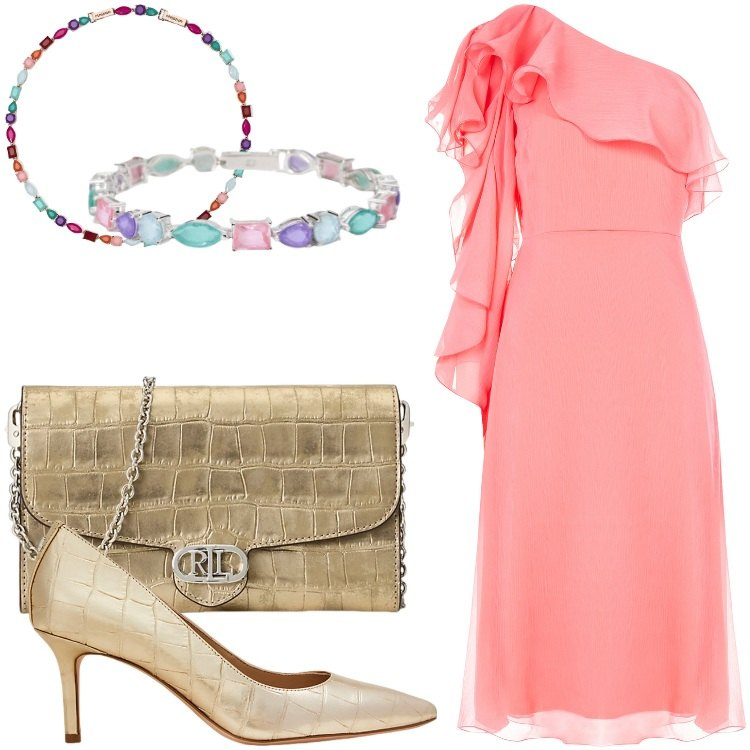Outfit donna - Cerimonia in rosa camelia. Stile Romantica per Cerimonia. Abbinamento con vestiti asimmetrici, braccialetti, collane, décolleté, borse a tracolla.