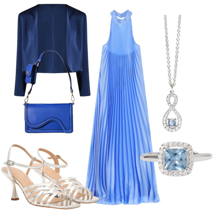 Outfit donna - Cerimonia nei toni dell’azzurro. Stile Glamour per Cerimonia. Abbinamento con vestiti lunghi, anelli, ciondoli, bolero, pochette, sandali col tacco.