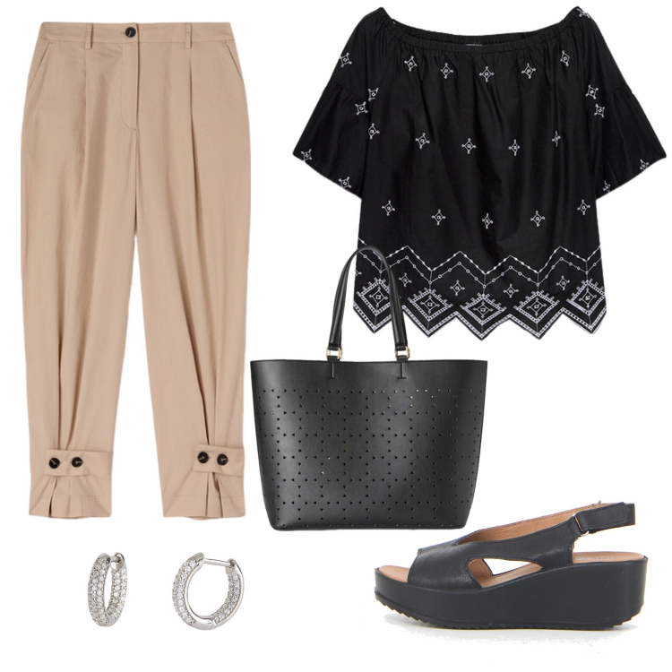 Outfit donna - Sandali comodi. Stile Casual per Tutti i giorni. Abbinamento con orecchini, bluse, sandali, pantaloni chino, shopping bag.