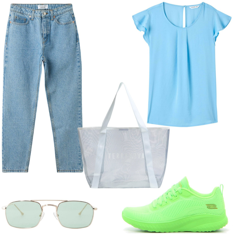 Outfit donna - Maggio in celeste. Stile Casual per Tutti i giorni. Abbinamento con bluse, jeans mom, shopping bag, occhiali da sole, sneakers.