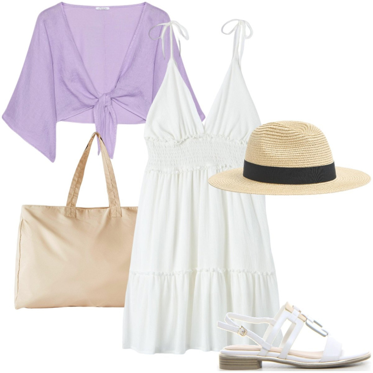 Outfit donna - Gelato sul lungomare. Stile Casual chic per Mare. Abbinamento con shopping bag, cappelli, vestiti, bolero, sandali.