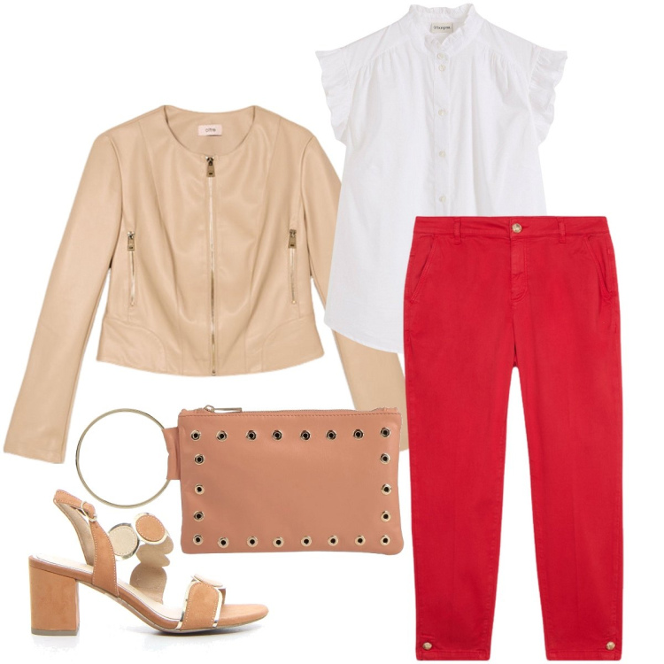 Outfit donna - Il pantalone rosso. Stile Bon Ton per Serata fuori. Abbinamento con bluse, borse a mano, pantaloni, giacche, sandali col tacco.