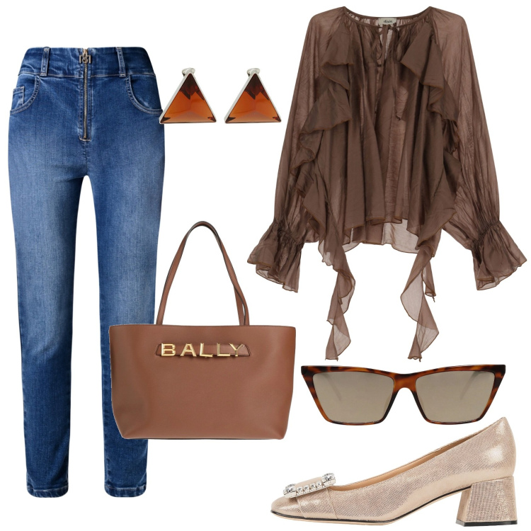 Outfit donna - Pranzo della domenica. Stile Casual chic per Tutti i giorni. Abbinamento con décolleté, orecchini, occhiali da sole, borse a mano, jeans skinny, camicie.