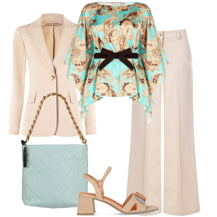 Outfit donna - La blusa a fantasia. Stile Bon Ton per Cerimonia. Abbinamento con borse a mano, bluse, pantaloni, blazer, sandali col tacco.
