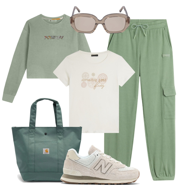 Outfit donna - Sportiva per tutti i giorni. Stile Casual per Tutti i giorni. Abbinamento con sneakers, pantaloni sportivi, felpe, t-shirt, borse tote, occhiali da sole.