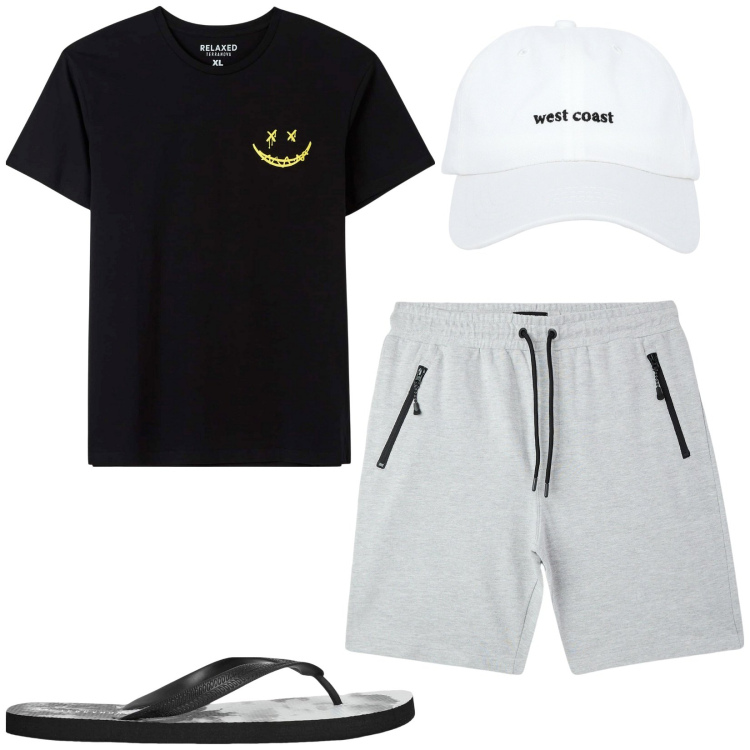 Outfit uomo - Total look mare. Stile Casual per Mare. Abbinamento con bermuda, cappelli, sandali, t-shirt.