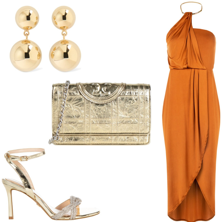 Outfit donna - Dea by night. Stile Glamour per Cerimonia. Abbinamento con borse a tracolla, sandali col tacco, vestiti, orecchini.