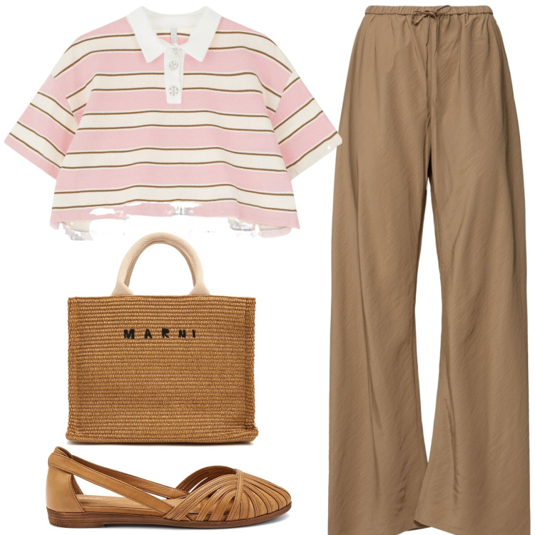Outfit donna - Easy chic per l\'università. Stile Casual chic per Scuola/Università. Abbinamento con t-shirt, shopping bag, pantaloni, ballerine.