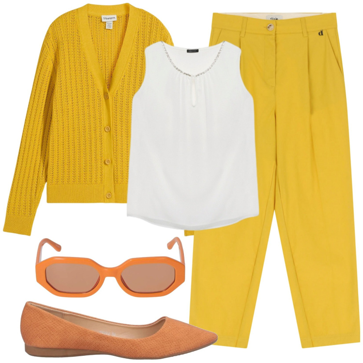 Outfit donna - Di giallo vestita. Stile Casual per Tutti i giorni. Abbinamento con cardigans, ballerine, pantaloni, top, occhiali da sole.