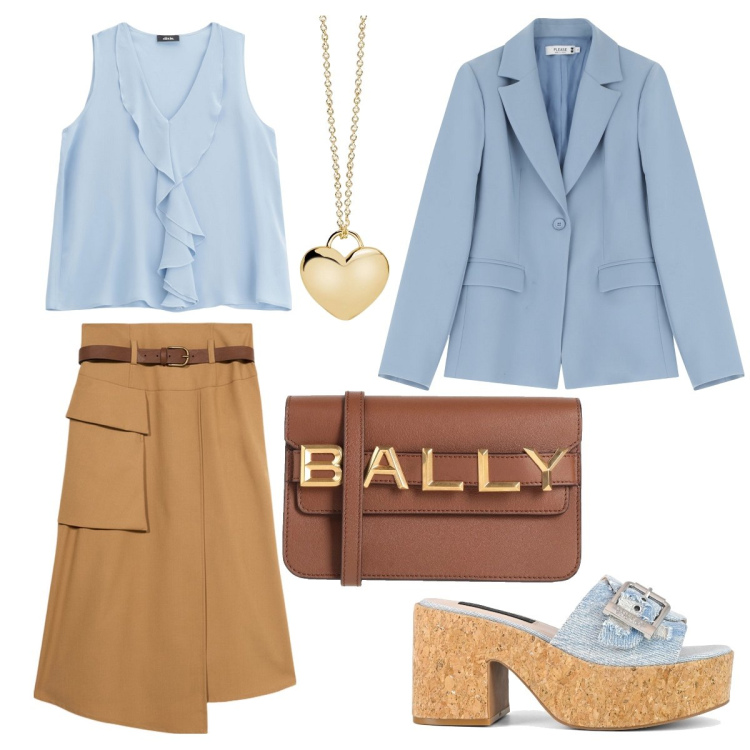 Outfit donna - Il top con le rouches. Stile Trendy per Tutti i giorni. Abbinamento con borse a tracolla, collane, blazer, top, sandali, gonne longuette.