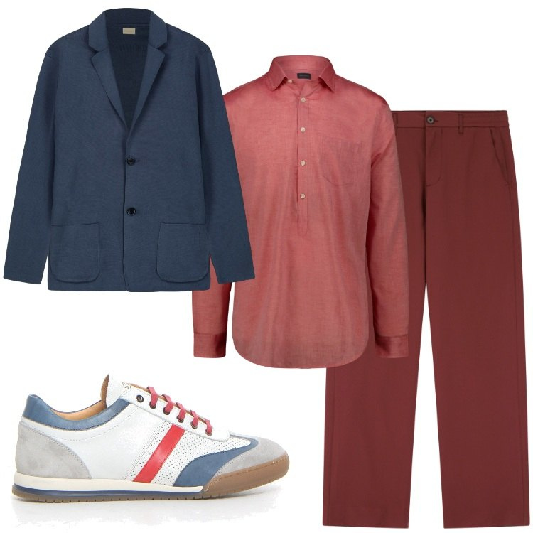 Outfit uomo - Rosso e blu. Stile Urban per Tutti i giorni. Abbinamento con pantaloni, cardigans, camicie, sneakers.