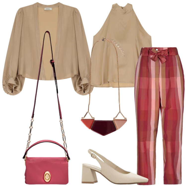 Outfit donna - Domenica. Stile Chic per Tutti i giorni. Abbinamento con décolleté, pantaloni, top, gilet, borse a tracolla, ciondoli.
