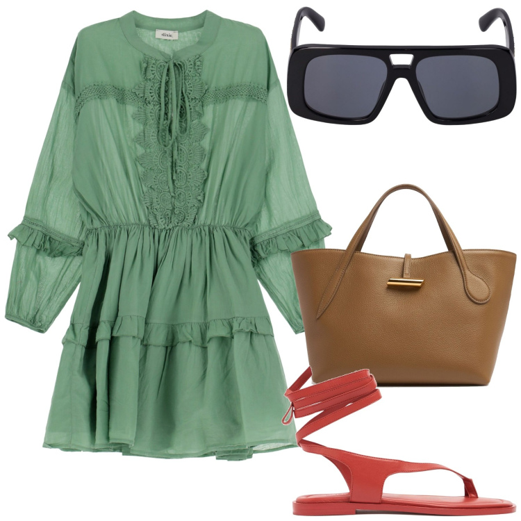 Outfit donna - Boho. Stile Boho per Tutti i giorni. Abbinamento con vestiti corti, sandali in pelle, occhiali da sole, shopping bag.