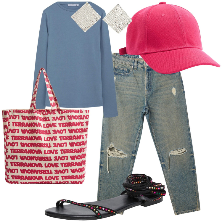 Outfit donna - Domenica pomeriggio in Terranova. Stile Trendy per Tutti i giorni. Abbinamento con jeans mom, sandali alla schiava, orecchini, cappelli, borse tote, t-shirt.