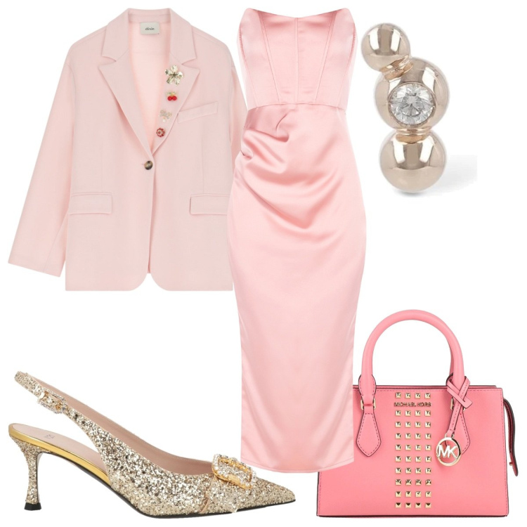 Outfit donna - Total look #2165683. Stile Romantica per Cerimonia. Abbinamento con décolleté, borse a mano, blazer, vestiti midi/longuette, orecchini.