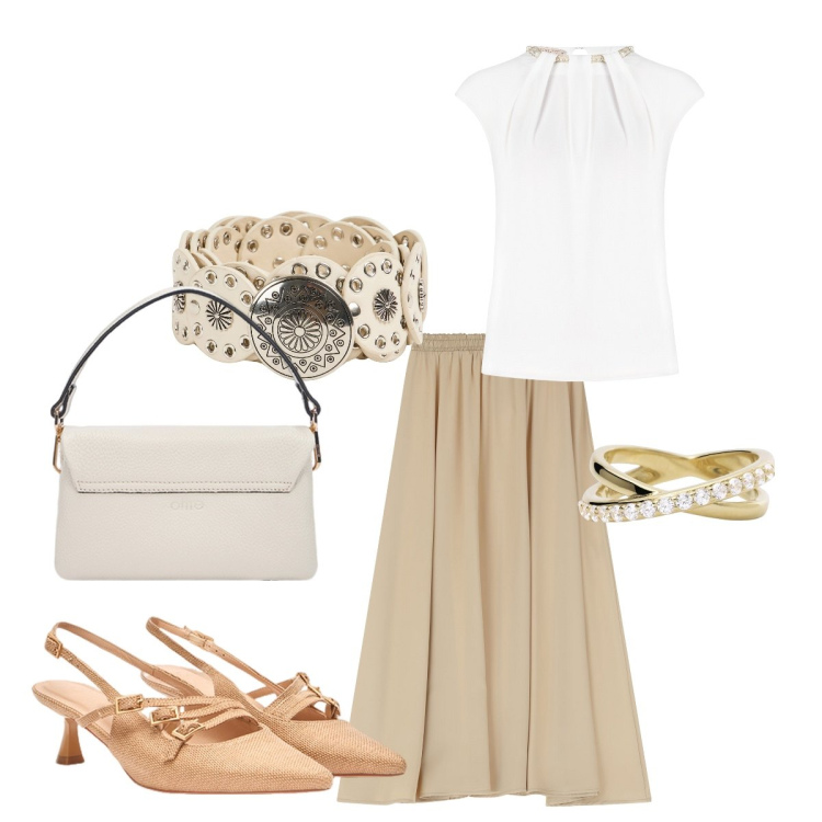 Outfit donna - Adatta a ogni occasione. Stile Basic per Tutti i giorni. Abbinamento con cinture, anelli, bluse, gonne lunghe, borse a tracolla, décolleté.